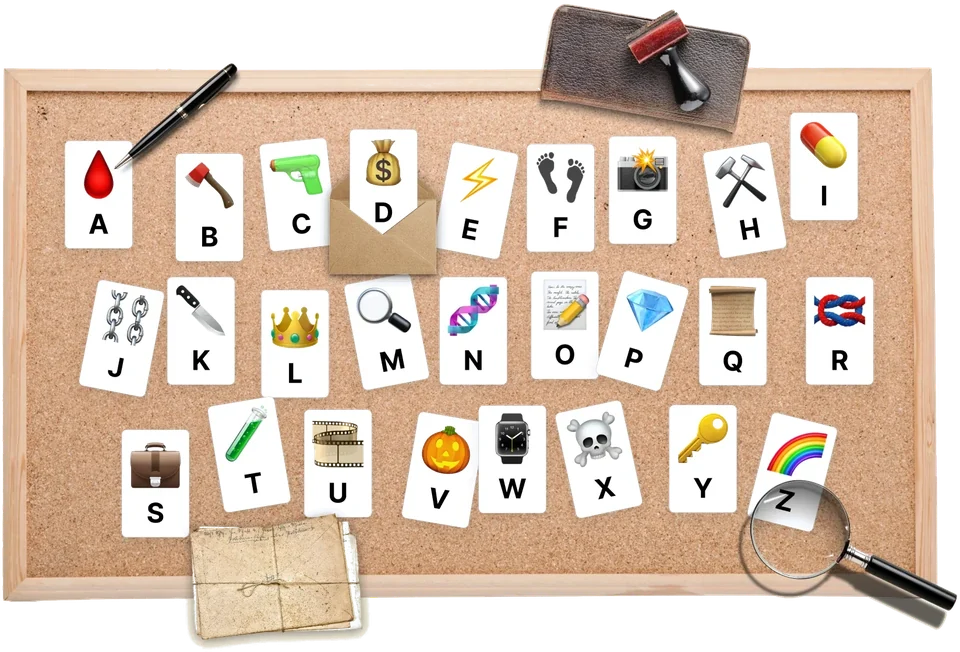 The Evidence Codex: a cork board of 26 picture cards, one for each letter from A to Z, such as a pill for I, a test tube for T, a magnifying glass for M and a briefcase for S.